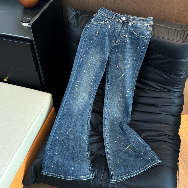 广州十三行高货爆款~微喇牛仔裤美式复古钉蝴蝶钻修身弹力显瘦裤|undefined