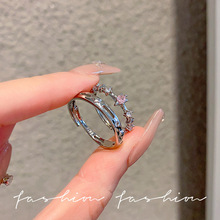 粉色爱心男女戒指韩版精致情侣开口戒小众可爱镂空五角星粉钻对戒