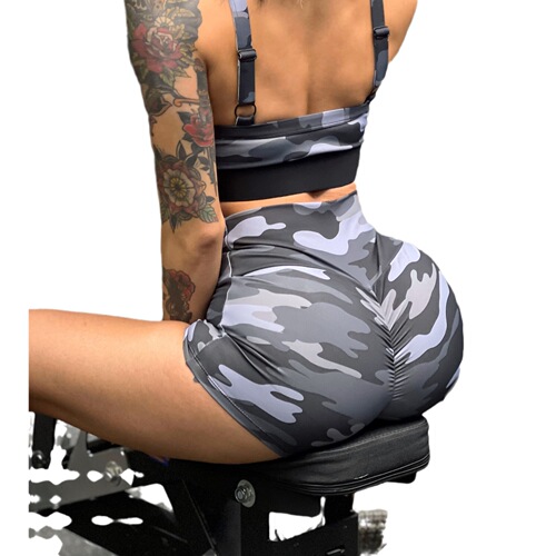 European and American cross-border camouflage yoga fitness shorts for women elastic running high-waisted tight-fitting seamless hip lift quick-drying and breathable