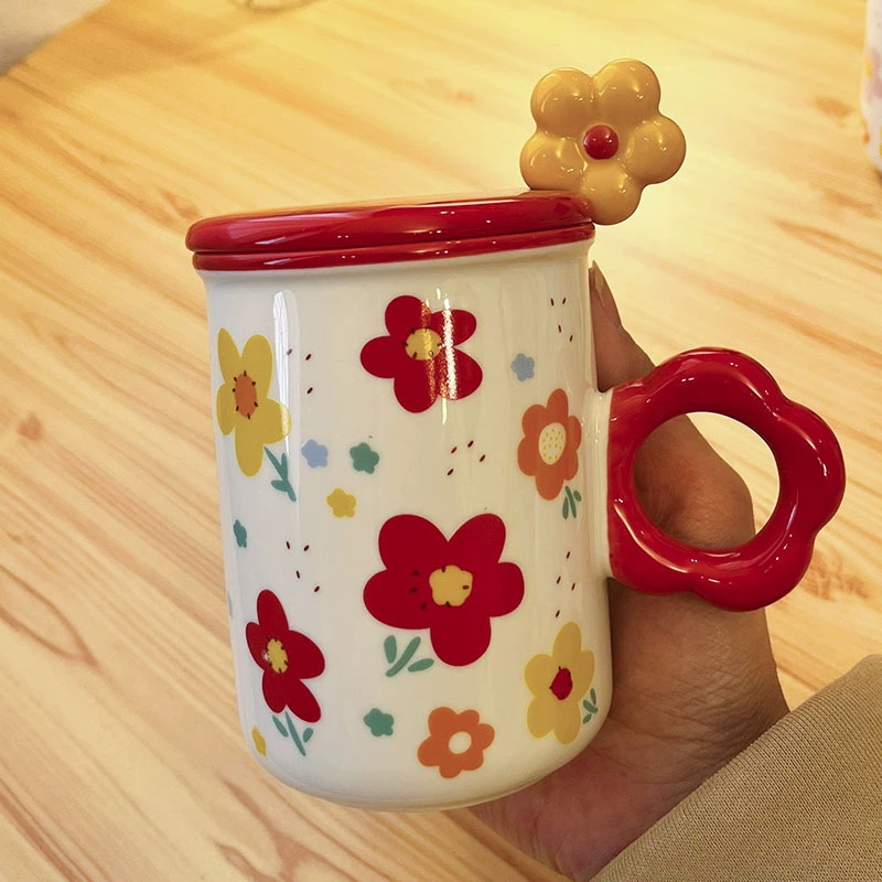 Керамическая чашка Flower cup женский высокоценный с крышкой ложкой дизайн можно подогревать домашний кофе чашка для питья