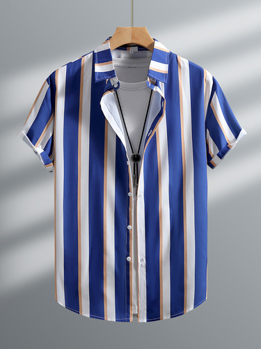 Summer New European Size Striped Casual Shirt Short Sleeve Shirt Men Loose Matchable 2025 New Model Cross-border Exclusive Supply
