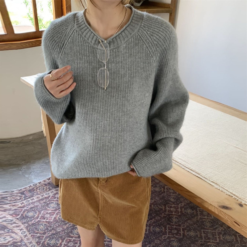 慵懒卷边套头毛衣女秋冬新款韩版宽松圆领显瘦温柔软糯针织衫上衣|undefined