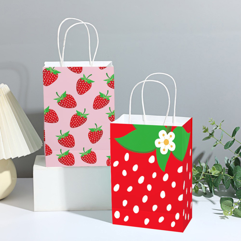 Cross-Border Strawberry Gift Bag White Kraft Paper Tote Bag Takeaway Food Packaging Paper Bag Environmentally Friendly Packaging Cross-Border Strawberry Gift Bag White Kraft Paper Tote Bag Takeaway Food Packaging Paper Bag Environmentally Friendly Packaging