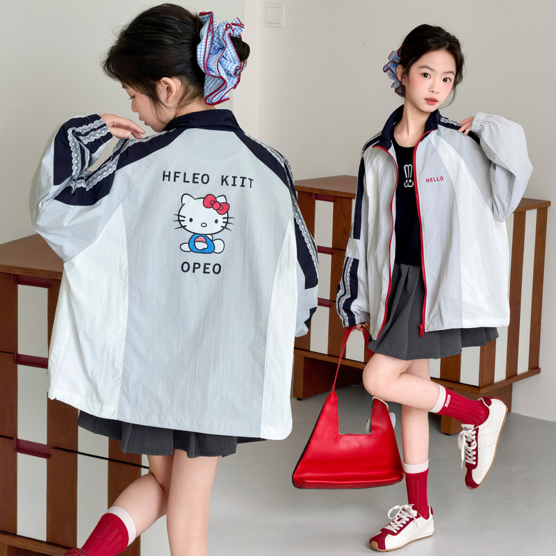 Girls' Cartoon Jacket Sun Protection Clothing 2026 Spring/Summer New Stylish Casual Kt Cat Zipper Air Conditioning Jacket for Older Children