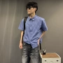 宽松短袖免烫蓝色衬衣