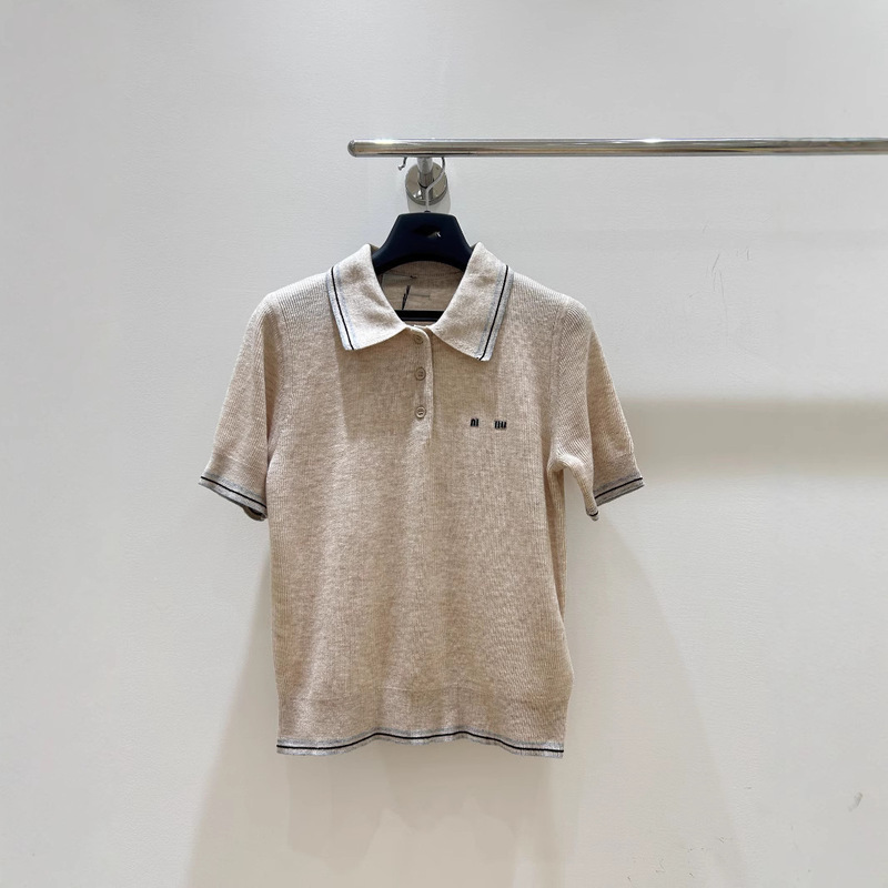 Early Spring New Miu Nanyou Factory Retro Elegant Artistic Simple Academy Style Polo Collar Short Sleeve Knitted Top