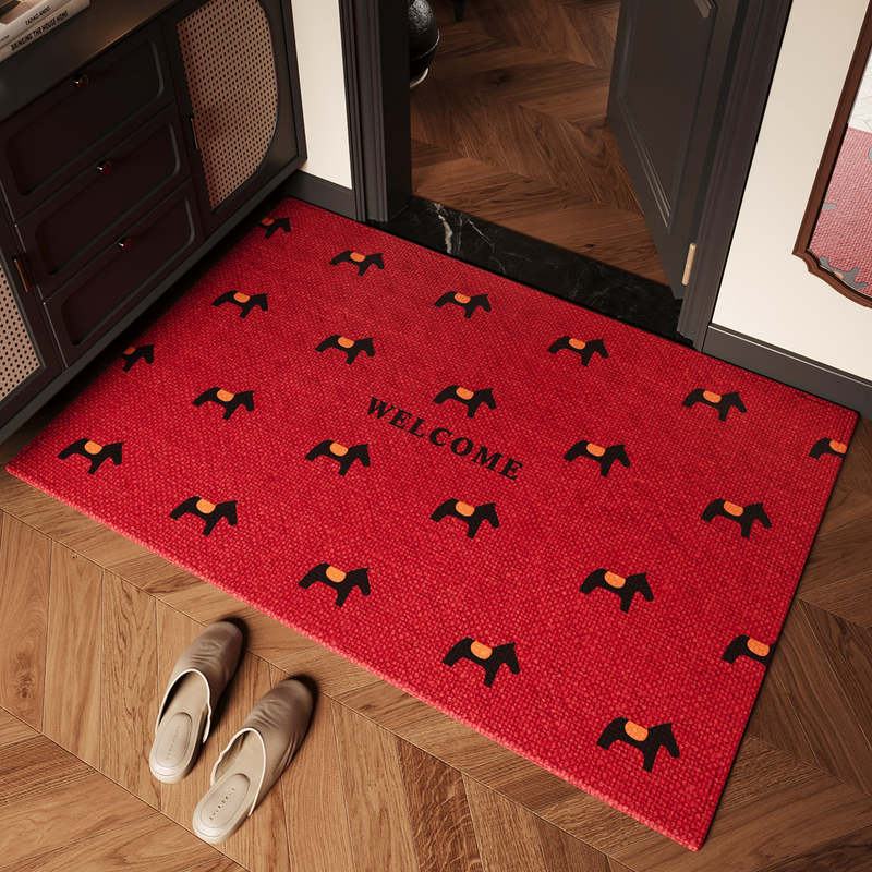 Entrance Door Floor Mat, Red Year of the Horse Loop Pile Floor Mat, Stain-Resistant and Easy to Care For, Entrance Door Mat, Outdoor Door Anti-Slip Mat