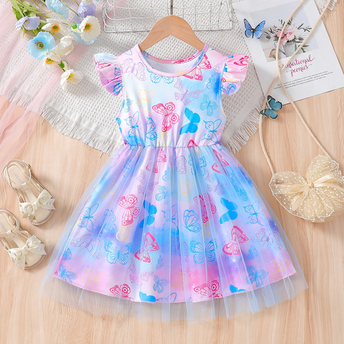 Girls' Butterfly Dress Summer Thin Version 2025 Trendy Children's Summer Wear Baby Girl Short Sleeve Dress Fashion