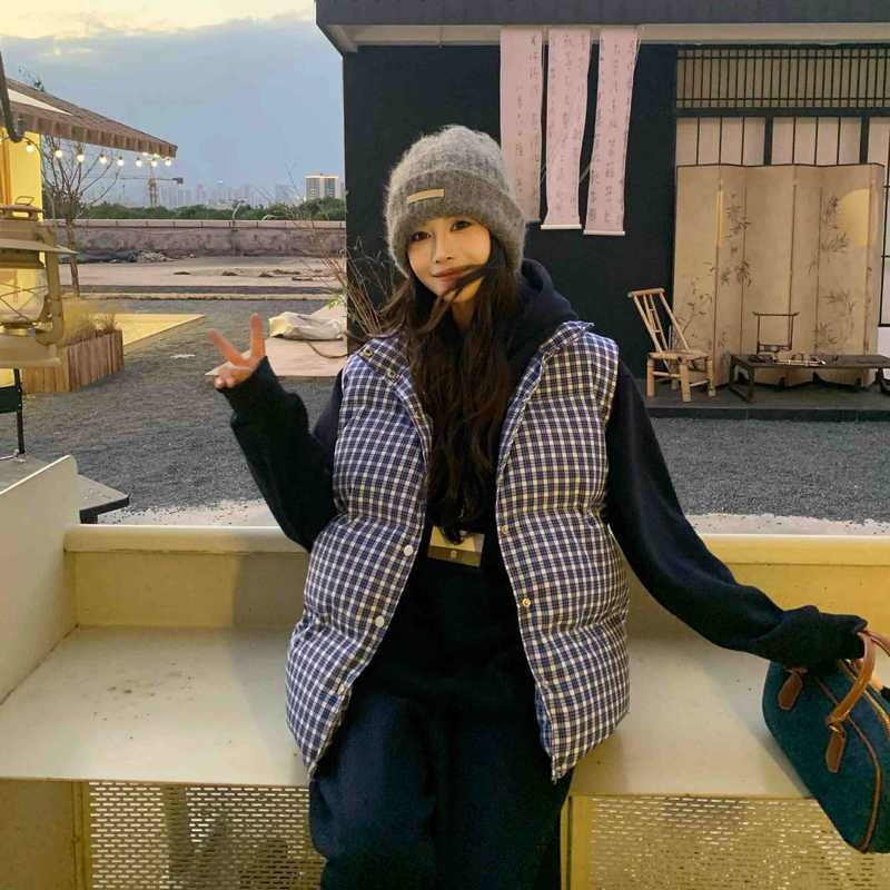 韩系复古蓝色格子立领无袖百搭棉服马甲背心女秋冬季加厚棉衣外套|undefined