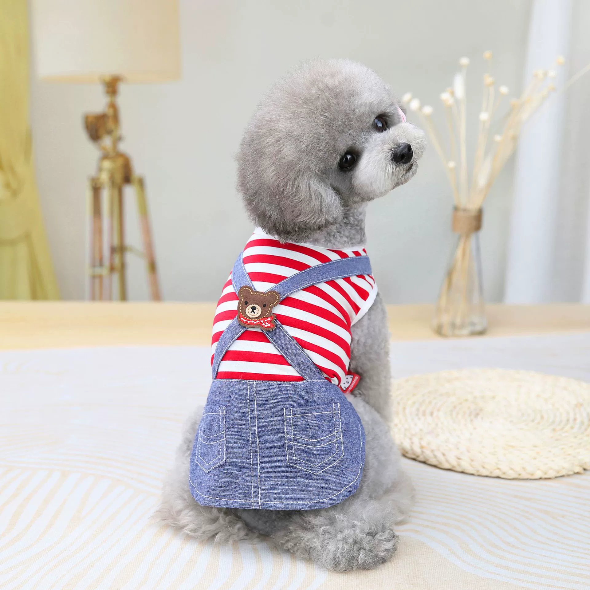 Одежда для средних и маленьких собак Весна и лето Тонкая полосатая джинсовая юбка на подтяжках Одежда для домашних собак Тедди Фаду Пудель