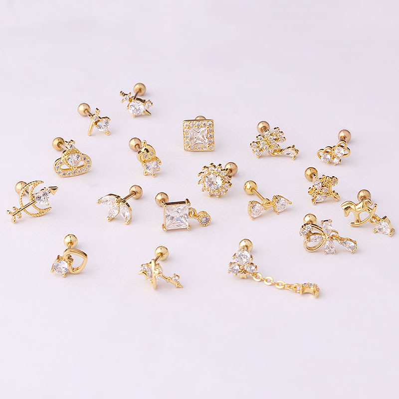 Geometric Pattern Women'S Gender Fashion Style 316L Stainless Steel Copper Zircon Ear Cartilage Rings & Studs Geometric Waterproof Non Tarnish Surgical Steel Women'S