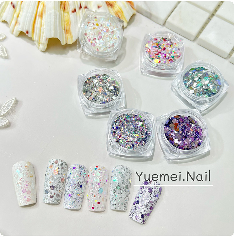 New Nail Art Opal Glitter Sequins, Six-Sided Mixed Sparkling Large Sequins Nail Decorations, Glitter Powder, Flowing Sand New Nail Art Opal Glitter Sequins, Six-Sided Mixed Sparkling Large Sequins Nail Decorations, Glitter Powder, Flowing Sand