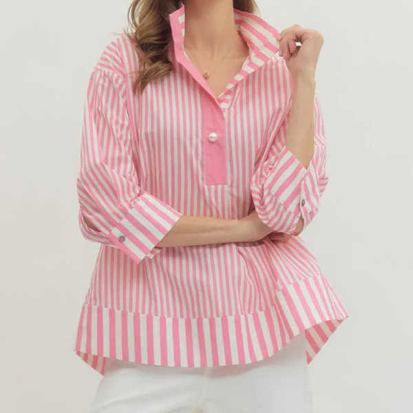 26 New Spring/Summer/Autumn European and American Style Women's Pearl Striped Polo Shirt with V-Neck and Three-Quarter Sleeves for Cross-Border Amazon Sales 26 New Spring/Summer/Autumn European and American Style Women's Pearl Striped Polo Shirt with V-Neck and Three-Quarter Sleeves for Cross-Border Amazon Sales
