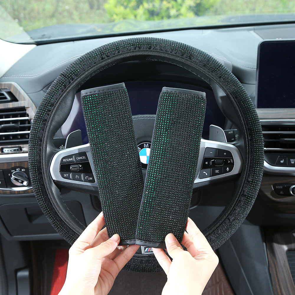 Full-diamond car steering wheel cover, dazzling rhinestone seatbelt shoulder pad, universal for all seasons, rearview mirror protective cover, wholesale