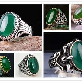 欧美跨境饰品复古天然绿宝石做旧银色雕刻图腾男士戒指指环