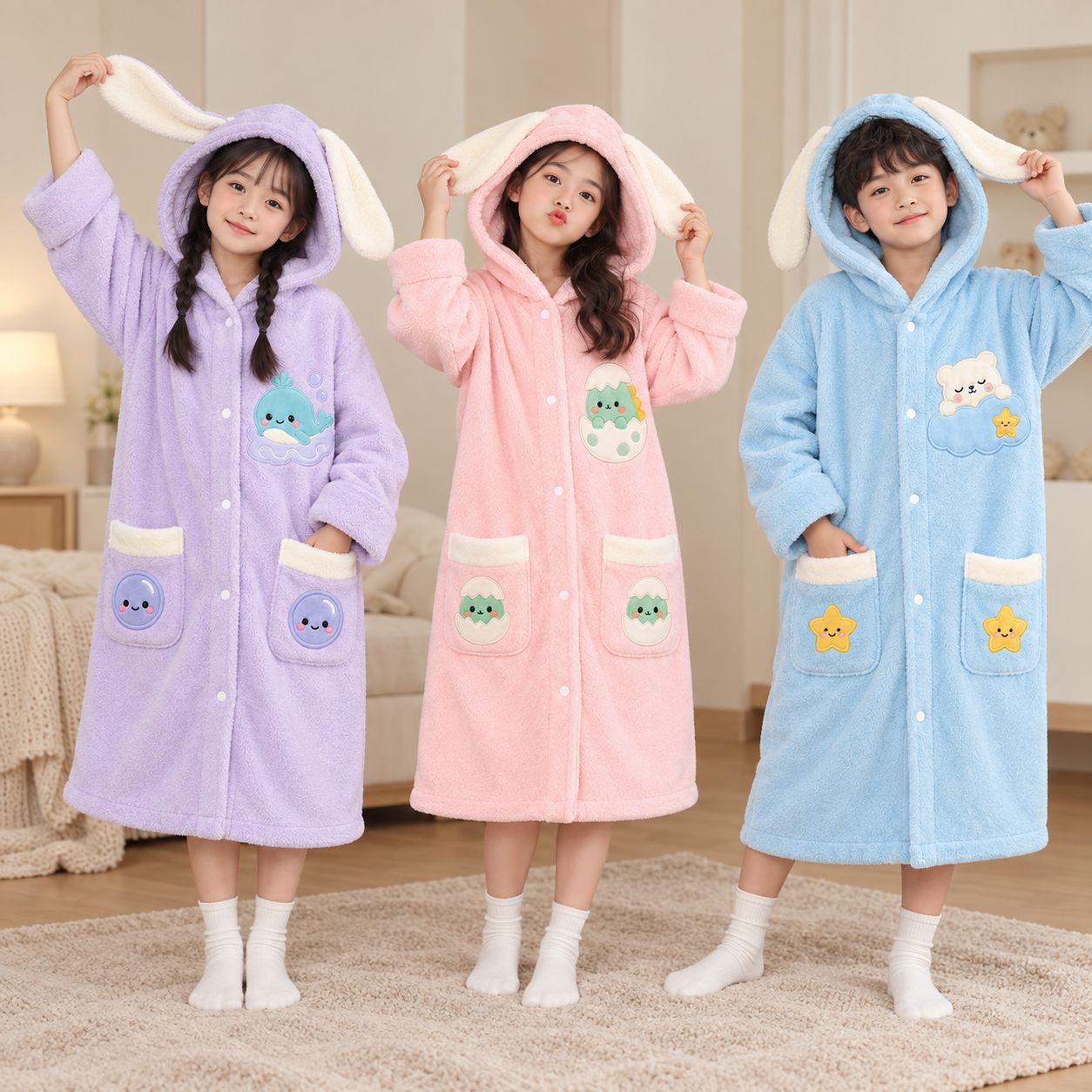 Children's Flannel Bathrobe, Autumn and Winter Thickened Warm Hooded Robe and Pajama Pants for Boys and Girls, Long Style Home Wear for Older Children