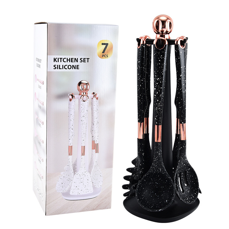 Utensilios de cocina de silicona, mango de aprobación, juego de 7 piezas, sartén antiadherente para el hogar, cuchara de suplemento alimenticio para bebés, utensilios de cocina con estante de almacenamiento