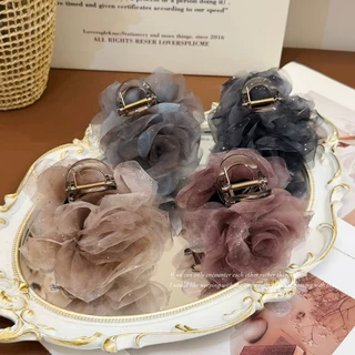 网纱玫瑰花朵抓夹满天星发夹女后脑勺盘发鲨鱼夹子高级感发卡发饰