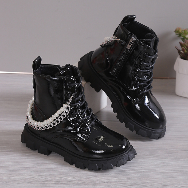 Boys and girls baby fashion pearl chain clause martin boots 2024 new cute round head side zipper short tube
