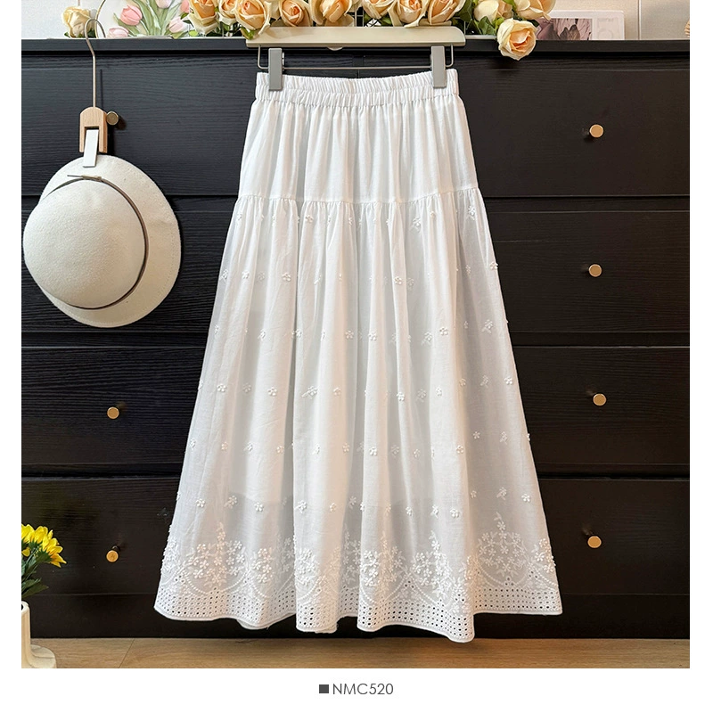 Весна 2024, тяжелая промышленность, вышитая кружевная юбка трапециевидной формы с эластичной резинкой на талии и завязками, плиссированная трехмерная белая юбка с цветком