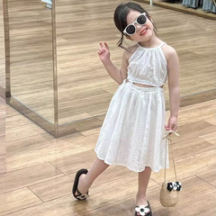 童裝女童連衣裙2024夏裝掛脖吊帶裙童裙洋氣仙女露腰白色公主裙