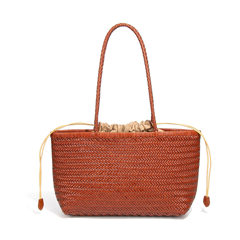 Luxury Beach Vacation Handbag Retro Genuine Leather Woven Bag Fashion Mother-Daughter Set Shoulder Underarm Tote Bag - Thumbnail 6