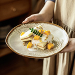 复古异形盘棕边枝叶盘子家用浮雕盘陶瓷菜盘沙拉盘日式餐具盘餐盘