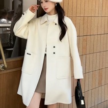 通勤小领双面呢子羊毛外套女式韩系设计感休闲中长款羊毛呢大衣女