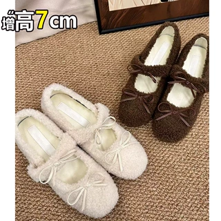 7CM小个子隐形内增高玛丽珍毛毛鞋女外穿冬季新款蝴蝶结加绒单鞋