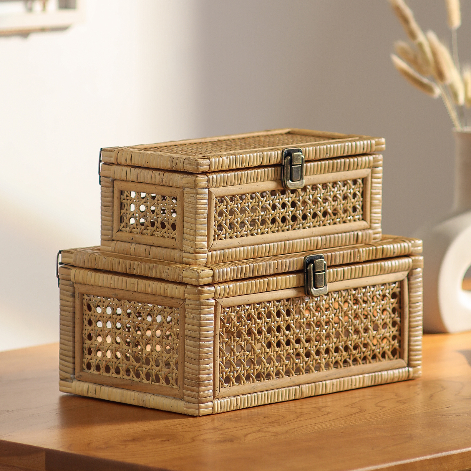 Cesta de almacenamiento de ratán de venta caliente transfronteriza, caja de almacenamiento tejida a mano con tapa, libros de juguete, canasta de almacenamiento de escritorio