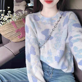 法式撞色蝴蝶针织衫女秋冬季新款温柔风软糯百搭套头圆领毛衣