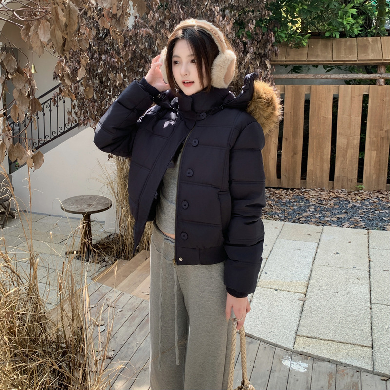 外贸2025冬季新款连帽棉衣棉服显瘦韩版洋气简约大毛领短款外套女|undefined