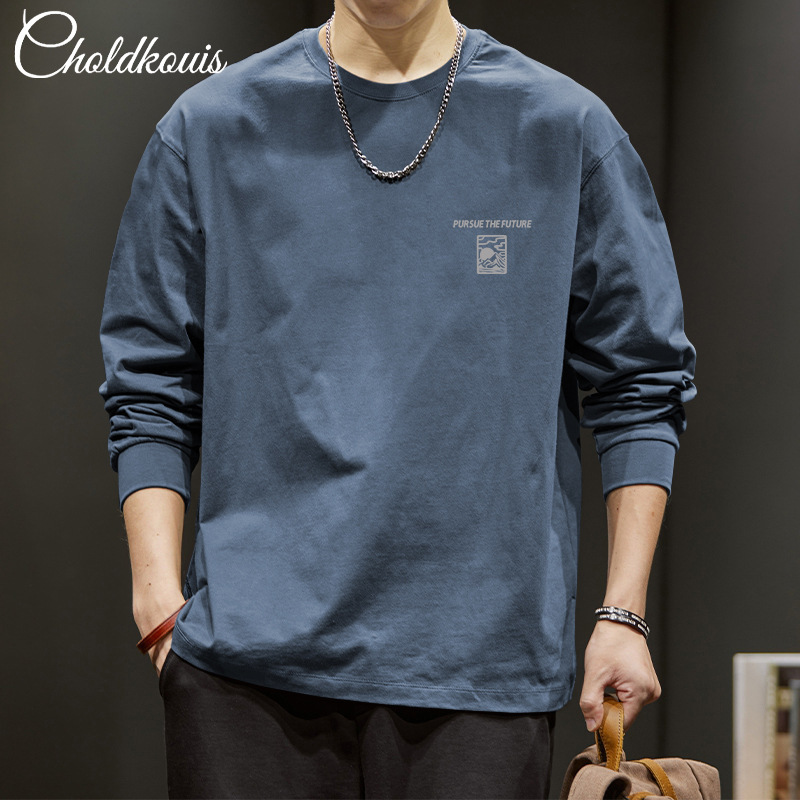 Spring and Autumn Combed Cotton Plus-Size Men's Long-Sleeve Base Shirt Trendy Brand Printed Loose-Fit Men's Long-Sleeve T-Shirt