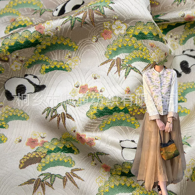 国风岁寒三友熊猫君子纹仿宋锦时装马甲新中式面料童装色织布料