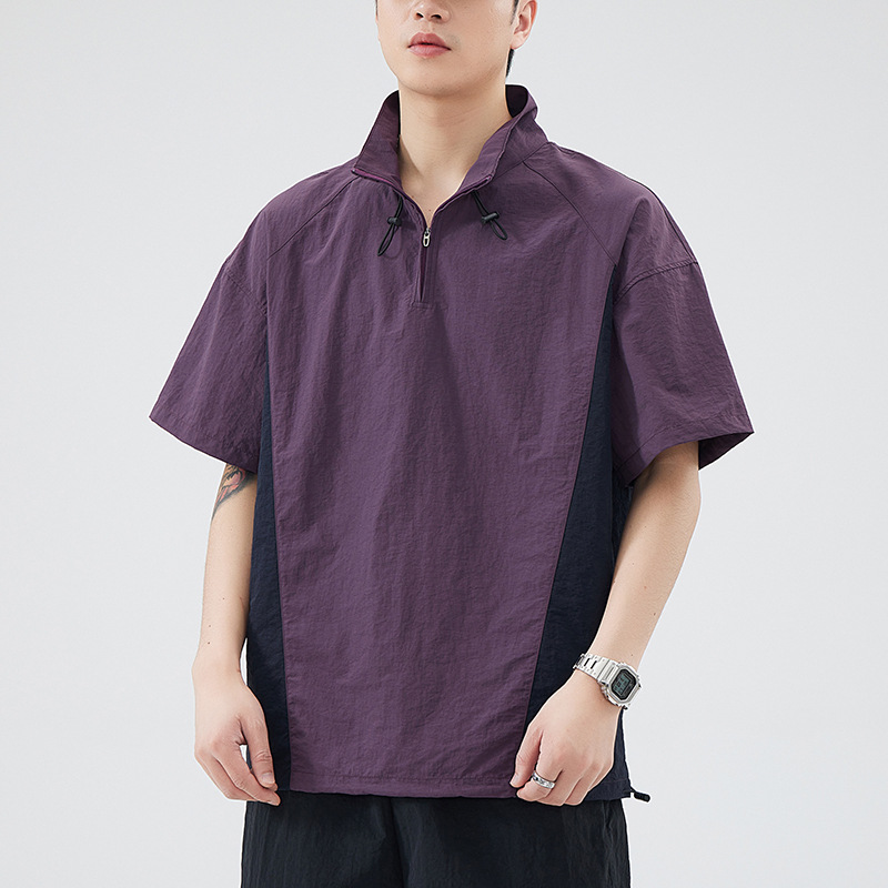 Outdoor Mountaineering Hiking Design Sense Quick-drying Short-sleeved Top Men's Fashionable Youth Contrast Color Zipper Collar T-shirt for Men
