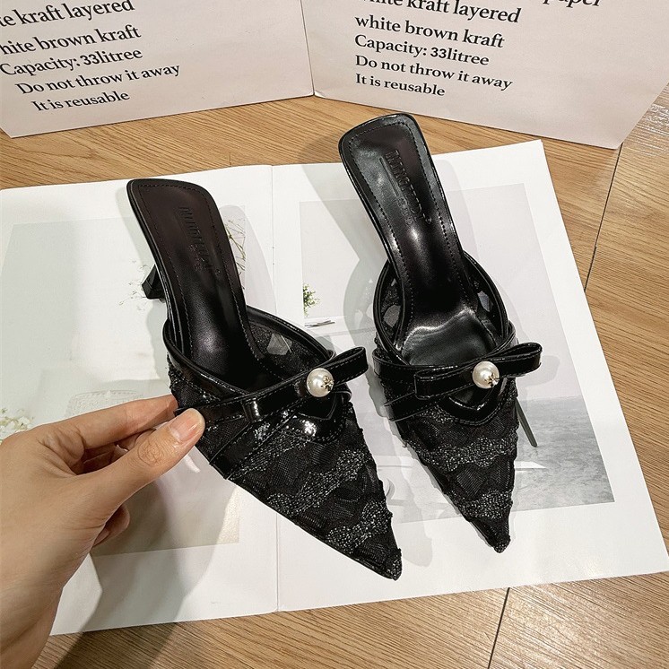 Zapatillas de malla de encaje de verano, zapatillas de tacones altos de perlas con bolso, ropa exterior de moda de tacones delgados