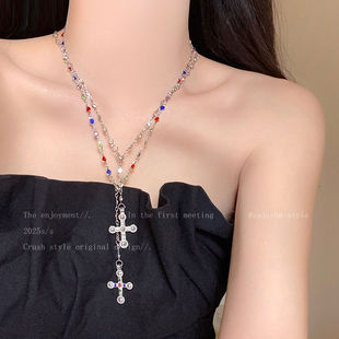 Colorful Cross Zircon Long Necklace Women's Niche Design Clavicle Chain Tassel Stacked Necklace Accessories