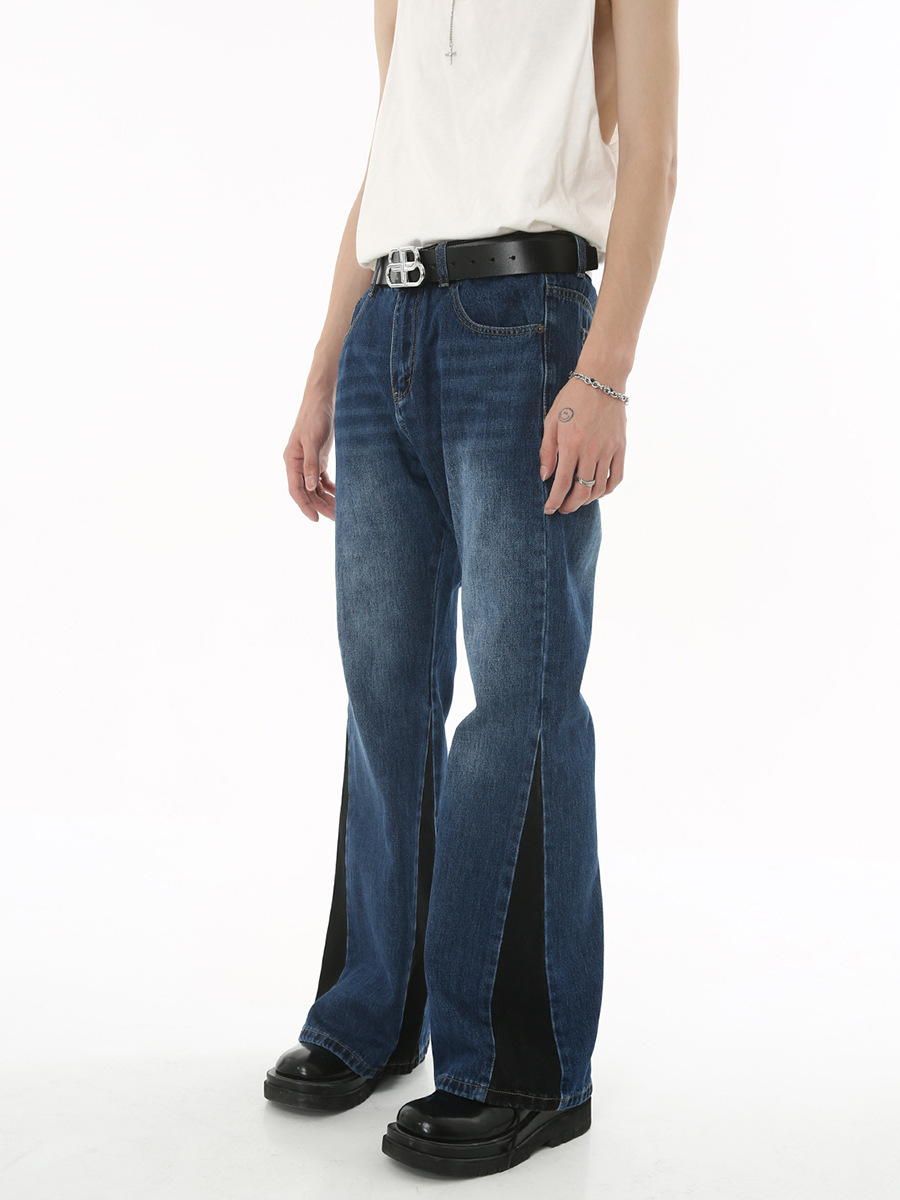 Mtlclothes ropa de Hombre | 2023 nuevo Hong Kong estilo retro contraste color costura pantalones acampanados Denim chaqueta traje moda