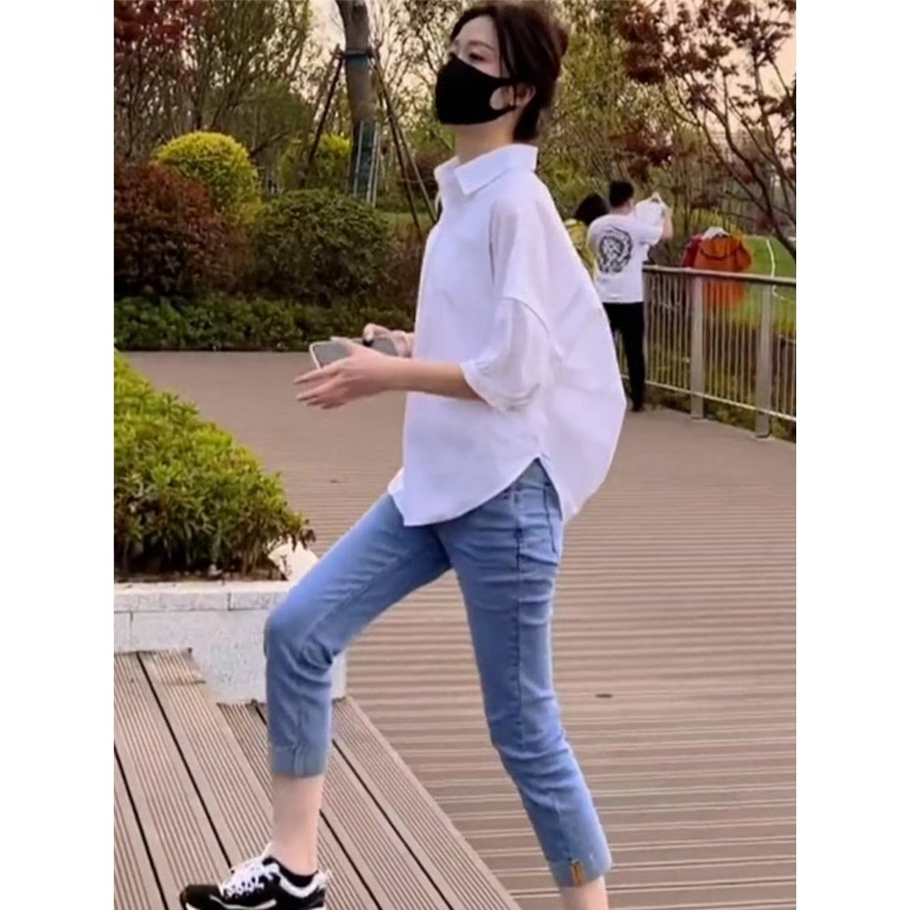 Áo sơ mi nữ cotton mùa hè tay lỡ phong cách Hàn Quốc — Màu xanh lam nhạt
