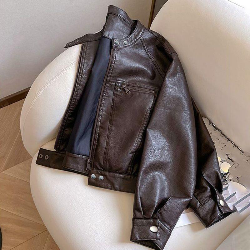 Spring and Autumn Leather Jacket Women's 2025 New Hong Kong Style Retro Pu Short Motorcycle Jacket for Small People Loose Leather Jacket