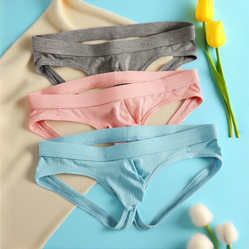 Cross-Border Supply Men's Thong Underwear, Sexy Ribbed Breathable Butt-Lifting Double Thong Men's Underwear, Exposed Buttocks T-Pants for Men