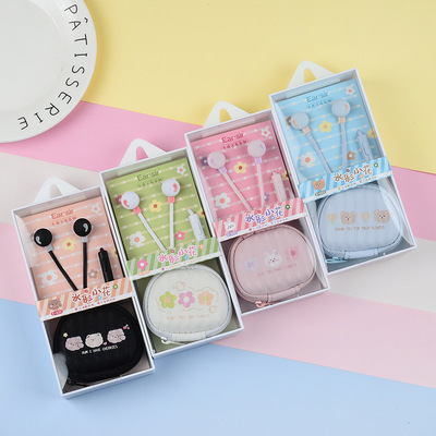 耳朵先森E-233水彩小花帶麥卡通耳機帶麥可語音入耳式送收納盒