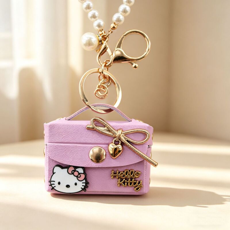 Cute Kitten Mini Leather Square Bag Keychain Pendant Sweet Bowknot Pearl Lanyard Earphone Storage Bag