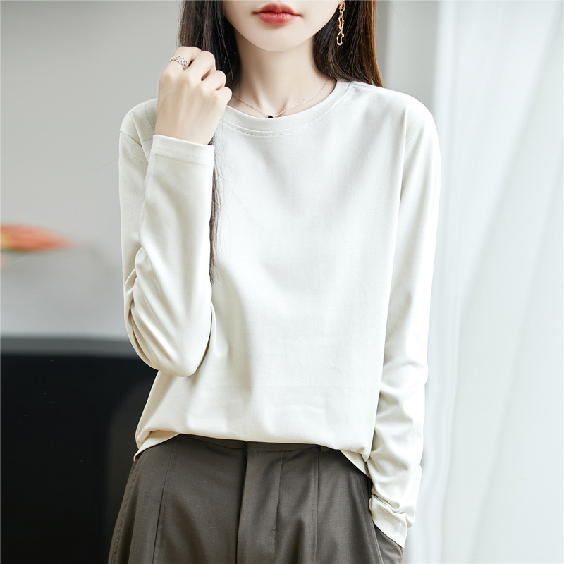 100纯棉针织打底衫女士圆领套头内搭上衣早秋新款休闲百搭风纯色|undefined