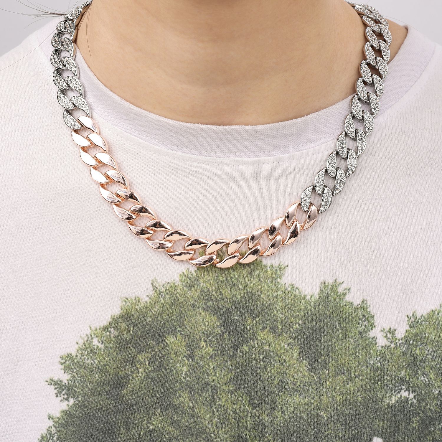 New hip-hop alloy Hiphop high-quality color blocking 15mm Cuban chain trendy necklace_voghion.com