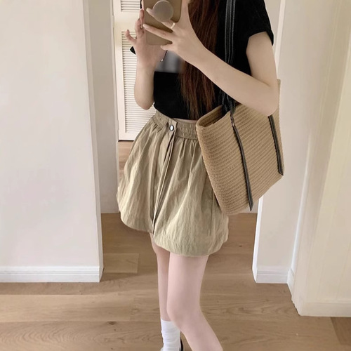 Summer drawstring elastic waist loose casual work shorts for women, slimming, petite, thin sports wide-leg pants for women