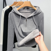 韩国东大门大码胖mm半拉链连帽卫衣女秋冬加绒加厚短款打底衫上衣