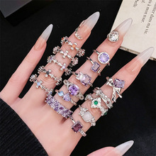 时尚彩宝开口戒指小众设计紫色锆石镶钻优雅轻奢女复古十字架指环