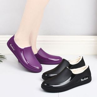 Women's low-top short low-cut rain boots waterproof integrated rubber shoes with fixed plush non-slip fashionable work rain boots