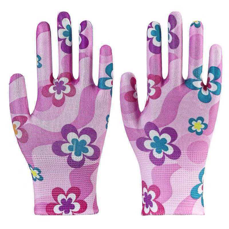 Juego de guantes de palma recubiertos de PU coloridos para mujer, protección laboral, antideslizantes, estampados, engomados, al por mayor, guantes finos de protección laboral image 16